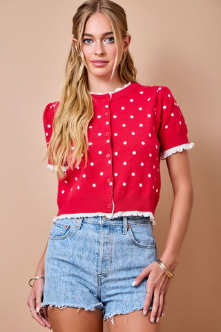 Polka-Dot Button Down Cardigan Top w/ Lettuce Hem
