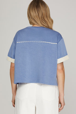 Dusty Blue Contrast Banded Short Sleeve Shorts Set