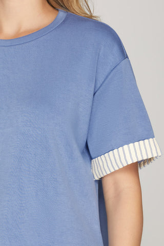 Dusty Blue Contrast Banded Short Sleeve Shorts Set