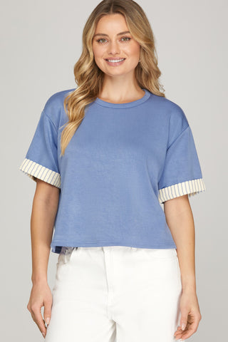 Dusty Blue Contrast Banded Short Sleeve Shorts Set