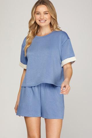 Dusty Blue Contrast Banded Short Sleeve Shorts Set