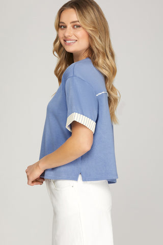 Dusty Blue Contrast Banded Short Sleeve Shorts Set
