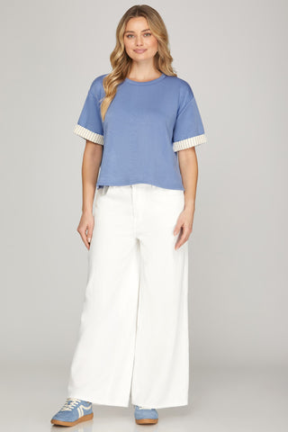 Dusty Blue Contrast Banded Short Sleeve Shorts Set