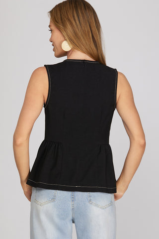Sleeveless Peplum Back Zip Top in Black