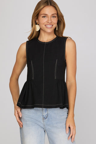 Sleeveless Peplum Back Zip Top in Black