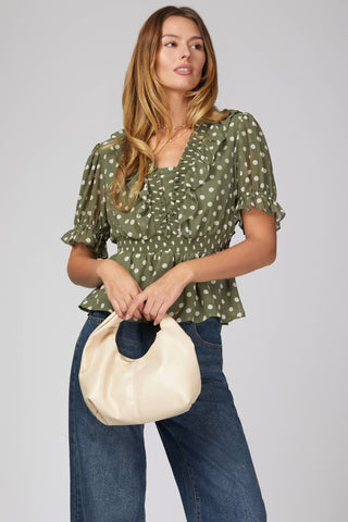 Polka Dot Smocked Neck Ruffled Peplum Top