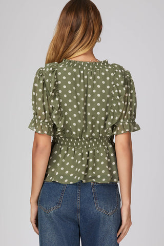 Polka Dot Smocked Neck Ruffled Peplum Top