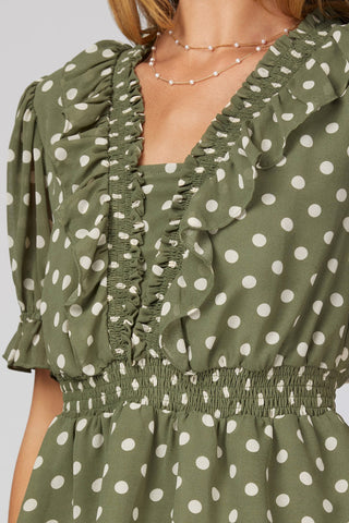 Polka Dot Smocked Neck Ruffled Peplum Top