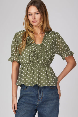 Polka Dot Smocked Neck Ruffled Peplum Top