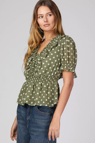 Polka Dot Smocked Neck Ruffled Peplum Top