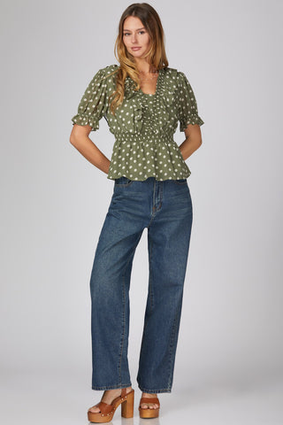 Polka Dot Smocked Neck Ruffled Peplum Top