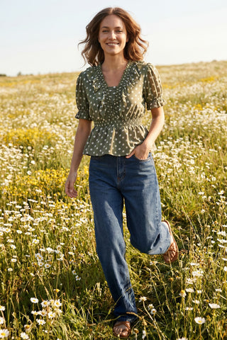 Polka Dot Smocked Neck Ruffled Peplum Top