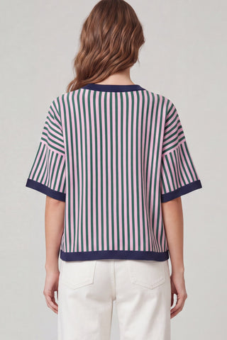 Navy/Pink Short Sleeve Striped Sweater
