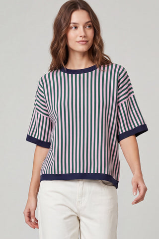 Navy/Pink Short Sleeve Striped Sweater