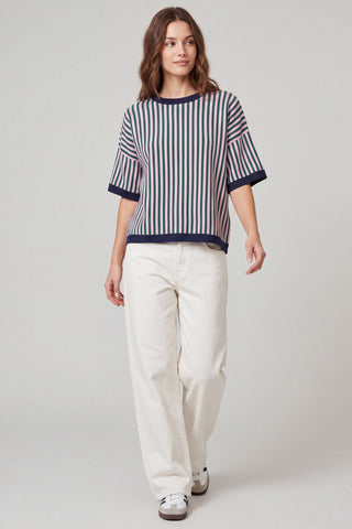 Navy/Pink Short Sleeve Striped Sweater