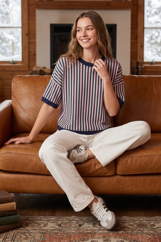 Navy/Pink Short Sleeve Striped Sweater