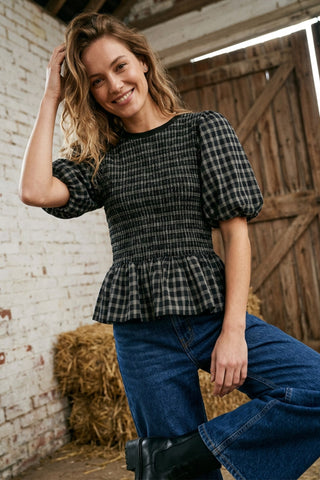 Puff Short Sleeve Smocked Peplum Top