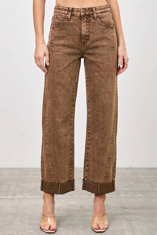 High Rise Straight Leg Jeans w/ Cuff Detail - Coffee