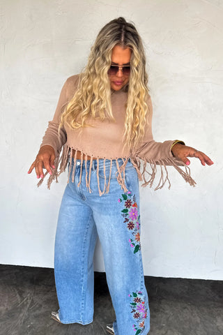 Evie High Rise Wide Leg Floral Embroidered Jeans