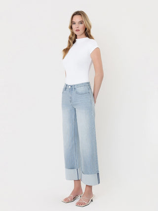 Olivia High Rise Cuffed Striped Crop Wide Jeans by Vervet
