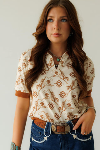 Brown Aztec Cowboy Collared Vintage Polo Top