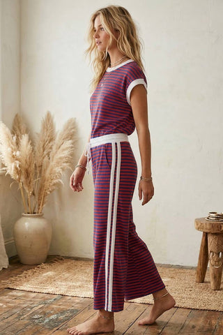 Lightweight Ribbed Striped Pant Set - Red, White, Blue