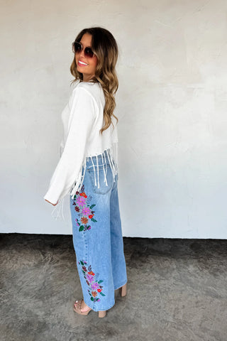 Evie High Rise Wide Leg Floral Embroidered Jeans