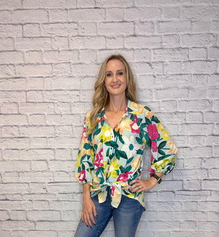 Floral Print Tunic Length 3/4 Sleeve Collared Button Up Top