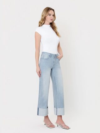Olivia High Rise Cuffed Striped Crop Wide Jeans by Vervet