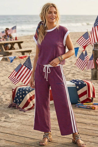 Lightweight Ribbed Striped Pant Set - Red, White, Blue