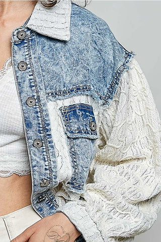 Denim Cable Knit Lace Patchwork Woven Long Sleeve Shirt Top by POL Clothing