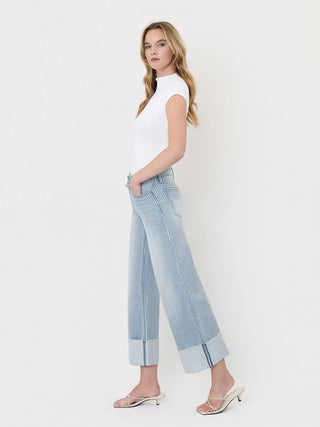 Olivia High Rise Cuffed Striped Crop Wide Jeans by Vervet