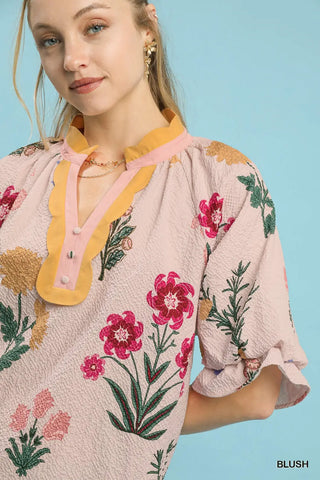 Floral Blouse with Scallop Trim Collar