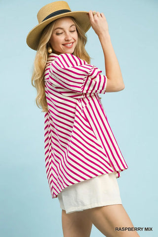 Raspberry Striped Puff Sleeve Blouse