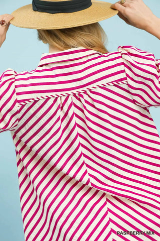 Raspberry Striped Puff Sleeve Blouse