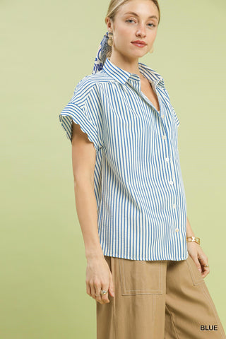 Striped Button-Down Top with Scallop Sleeves - 4 Colors!