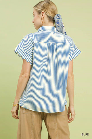 Striped Button-Down Top with Scallop Sleeves - 4 Colors!