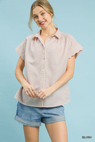 Striped Button-Down Top with Scallop Sleeves - 4 Colors!