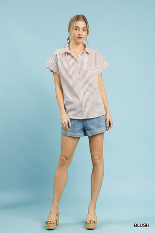 Striped Button-Down Top with Scallop Sleeves - 4 Colors!