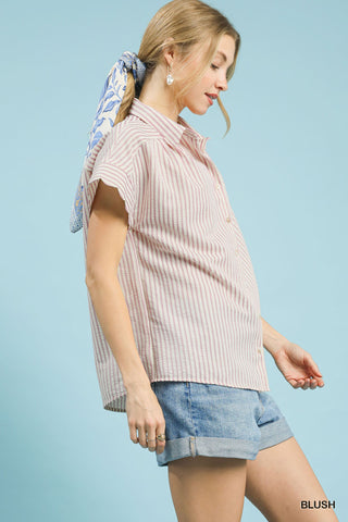 Striped Button-Down Top with Scallop Sleeves - 4 Colors!
