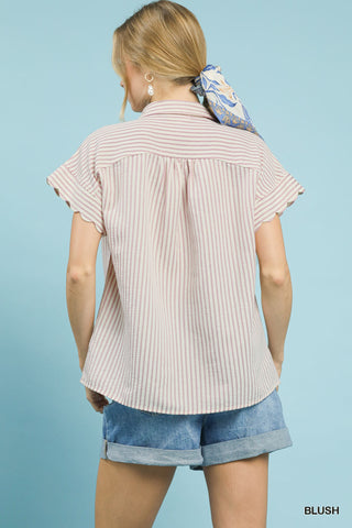 Striped Button-Down Top with Scallop Sleeves - 4 Colors!