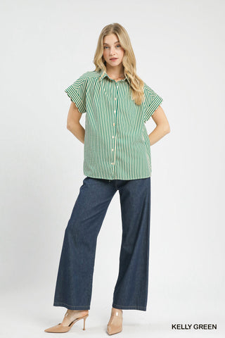 Striped Button-Down Top with Scallop Sleeves - 4 Colors!