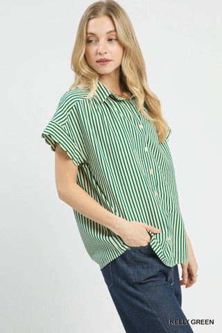 Striped Button-Down Top with Scallop Sleeves - 4 Colors!
