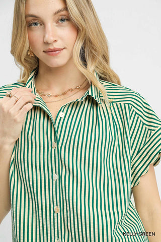Striped Button-Down Top with Scallop Sleeves - 4 Colors!
