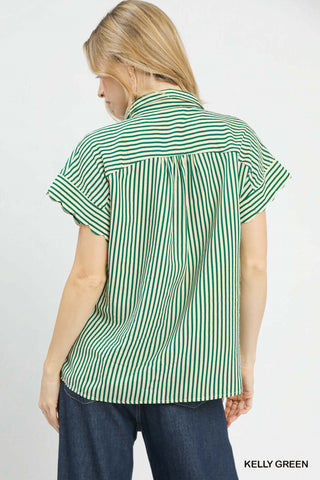 Striped Button-Down Top with Scallop Sleeves - 4 Colors!