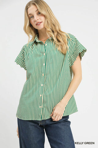 Striped Button-Down Top with Scallop Sleeves - 4 Colors!