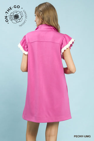 Zip-Neck Flutter Sleeve Dress in Peony