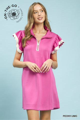 Zip-Neck Flutter Sleeve Dress in Peony