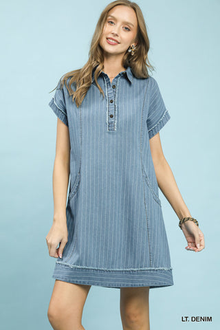 Denim Pinstripe Polo Collar Mini Dress