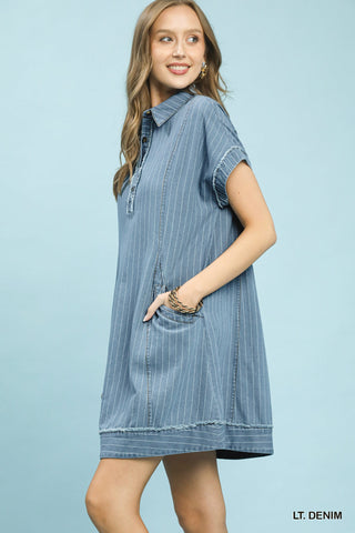 Denim Pinstripe Polo Collar Mini Dress